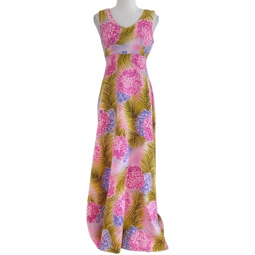 SUN FASHIONS OF HAWAII HONOLULU PINK COLORFUL SLEEVELESS EMPIRE WAIST LONG DRESS